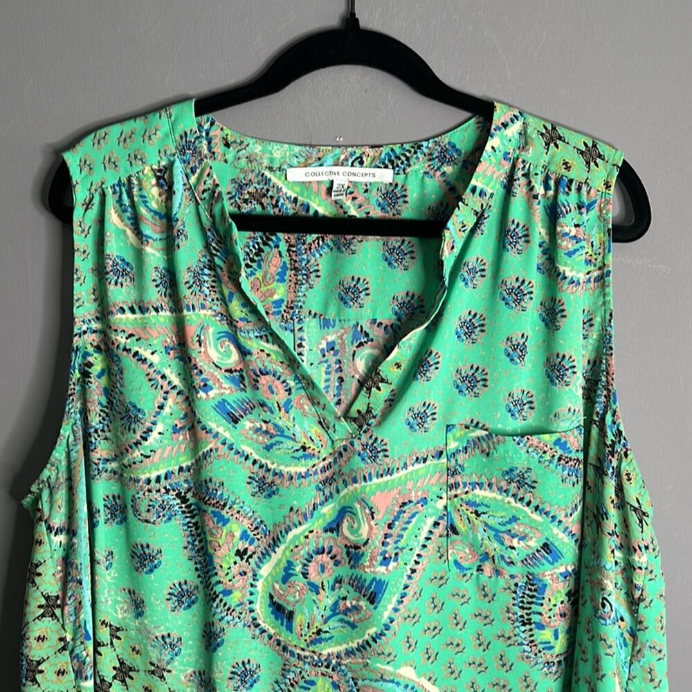 Collective Concepts Green Pink Paisley Print Sleeveless Tunic Plus 2X - Picture 3 of 7